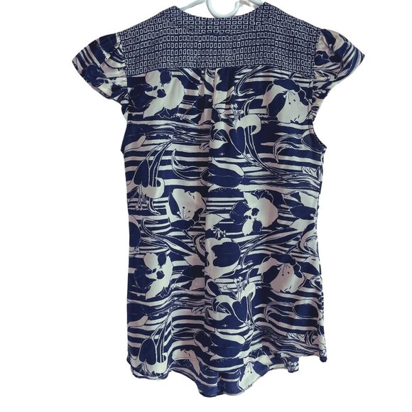 Anthropologie Top Womens Size 4 Blue White 100% Silk Floral - Picture 3 of 10
